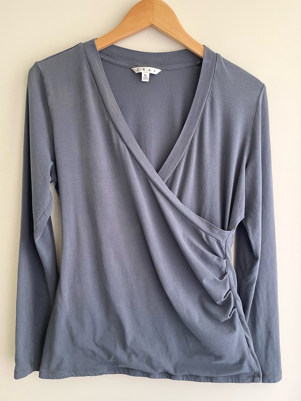 CAbi Dusty Blue Faux-Wrap Long Sleeve Balletcore Top